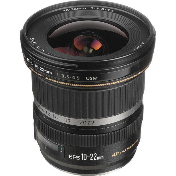 Canon EF-S 10–22mm f/3.5–4.5 USM wide-angle zoom lens with black barrel and white focus distance markings.