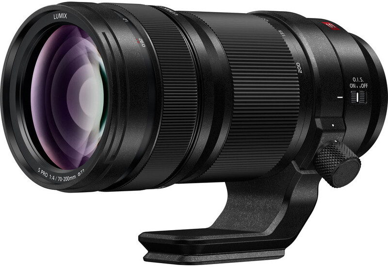 Panasonic Lumix telephoto zoom lens with purple-tinted glass elements and integrated tripod collar.