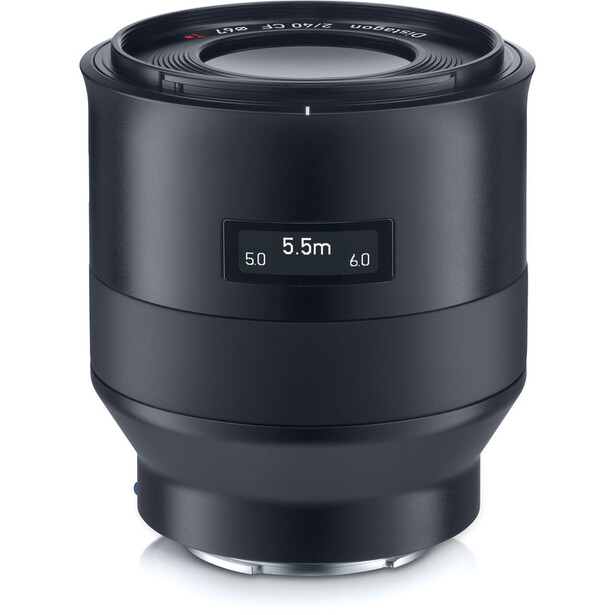 Black telephoto lens with 5.5m focal length marking displayed on barrel against white background.