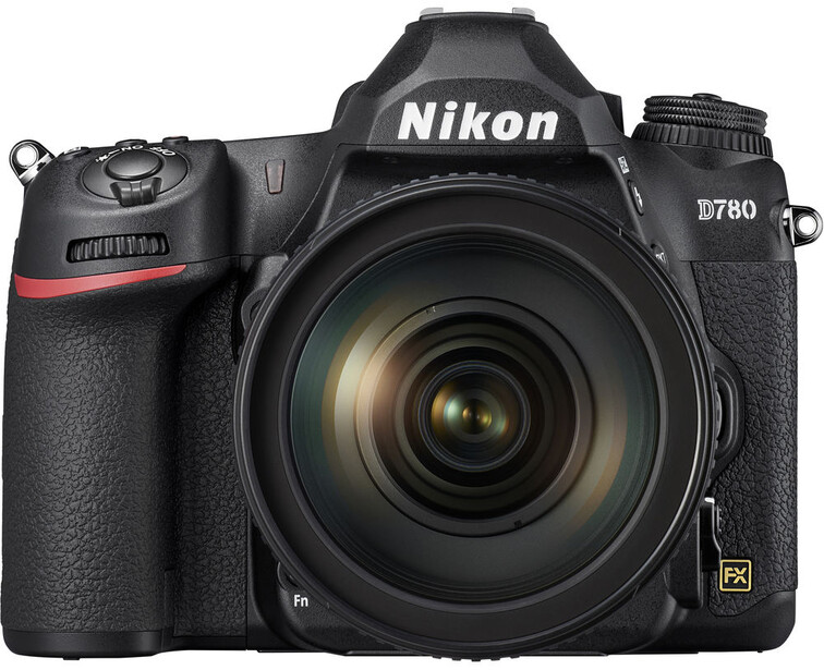 Nikon D780 DSLR camera with attached standard zoom lens on white background.