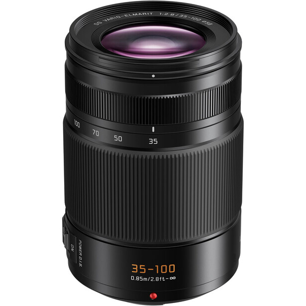 Panasonic Lumix 35-100mm f/2.8 telephoto zoom lens with purple-coated front element.