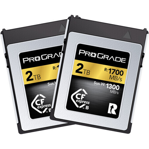 Two ProGrade Digital CFast 2.0 memory cards with 2TB capacity displayed side by side.