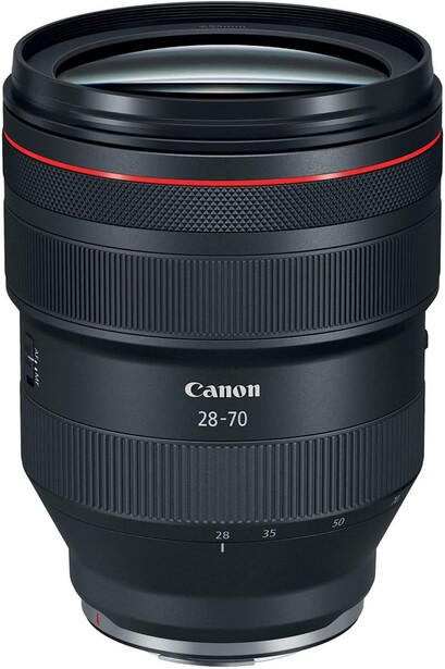 Canon RF 28-70mm f/2.8L IS USM lens against white background.