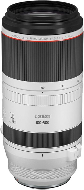 Canon RF 100-500mm telephoto zoom lens with white barrel and black grip sections.