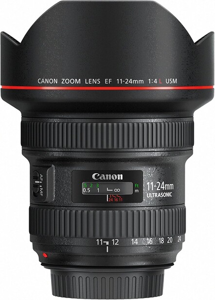 Canon EF 11-24mm f/4L USM ultra-wide zoom lens with lens hood attached.