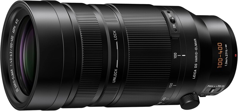 Panasonic Lumix 100-300mm telephoto zoom lens with focus ring and depth-of-field scale.