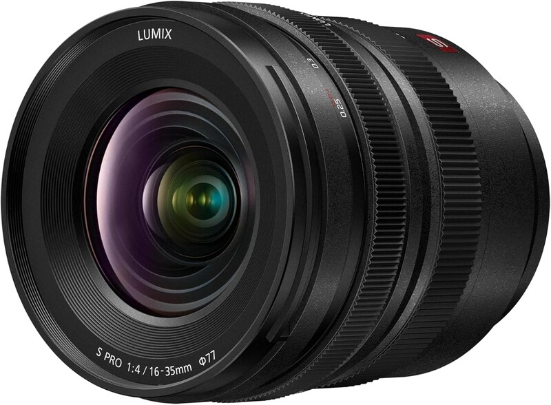 Panasonic Lumix Pro 14/16-35mm f/2.8 wide-angle zoom lens with purple-tinted glass elements visible.