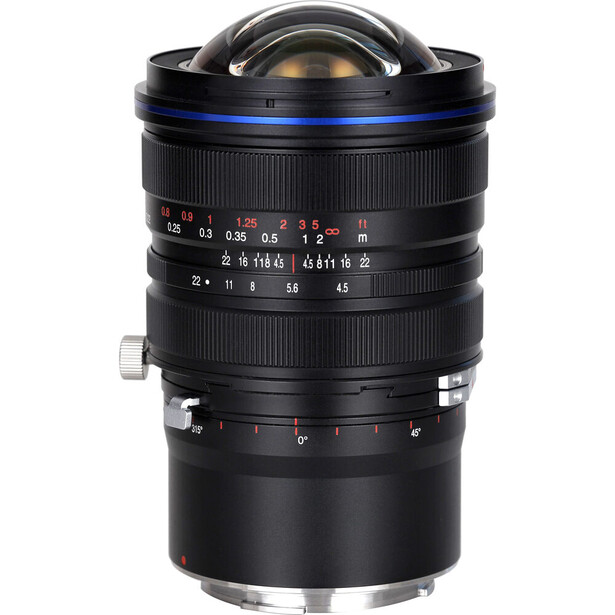 Wide-angle fisheye lens with black barrel, blue focus ring, and brass-colored front element.