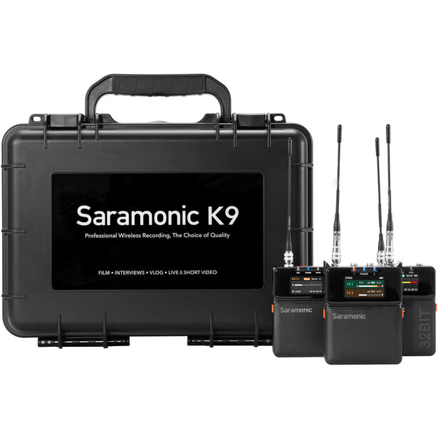 Saramonic K9 wireless microphone system with carrying case and transmitter units.