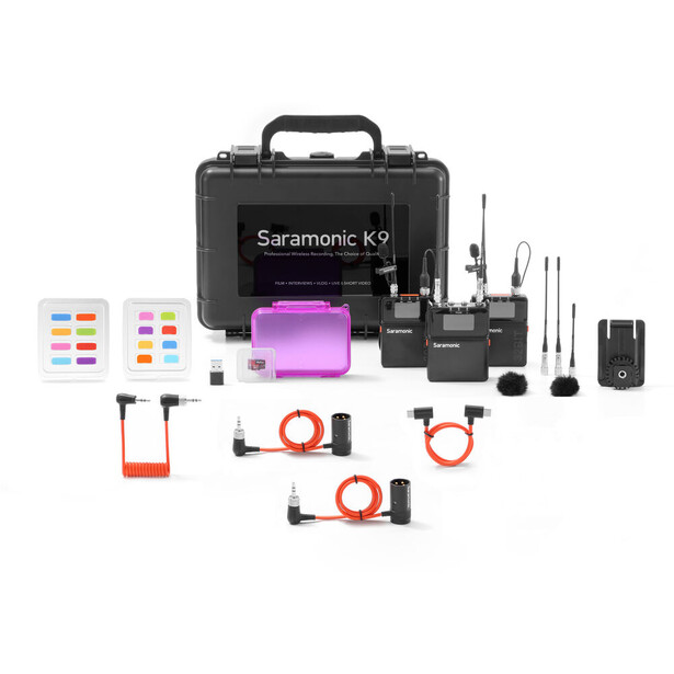 Saramonic K9 wireless microphone system with case, pink receiver, transmitters, and accessories.