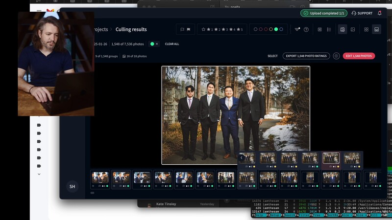 Screenshot of photo editing software showing four men in formal business attire posed outdoors during golden hour.