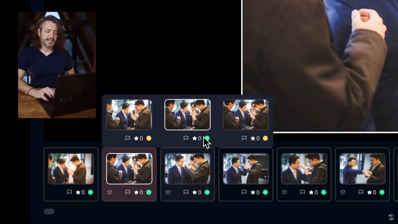 Screenshot of video editing interface showing multiple clips of two people in conversation with warm indoor lighting.