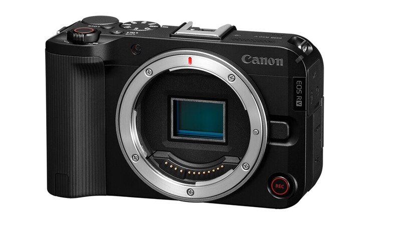 Canon EOS R5C mirrorless camera body shown from front at an angle, displaying the open sensor and mirror mechanism.