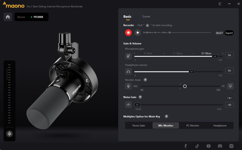 Screenshot of Maono audio interface software showing microphone gain, volume controls, and noise gate settings.