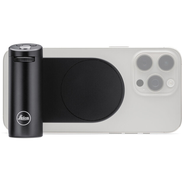 Leica smartphone camera grip mounted on iPhone 14 Pro with circular lens attachment.
