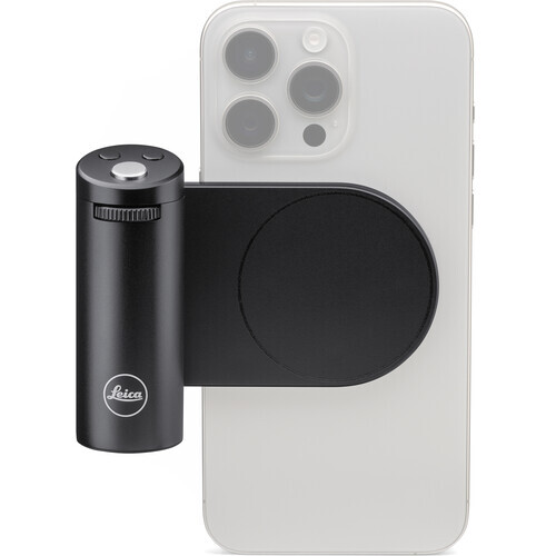 Leica phone lens adapter mounted on silver smartphone with triple camera setup.