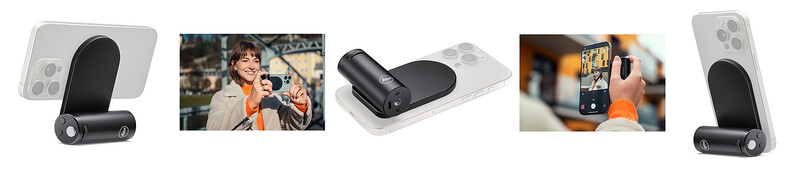 Smartphone mounting grip accessory shown in multiple configurations and real-world usage scenarios.