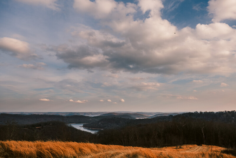 Landscape vista showing a winding river through forested valley with golden grassland in foreground and cloudy sky above.