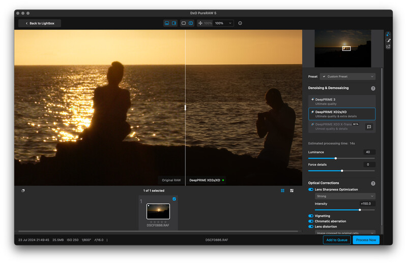 Screenshot of video editing software showing two silhouetted figures against a golden sunset over water.