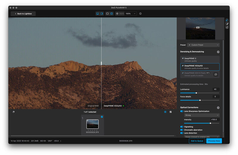 Screenshot of Lightroom's Develop module showing desert mountain landscape with adjustment panels visible.