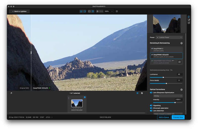 Screenshot of photo editing software showing landscape image with mountain and adjustment panels.
