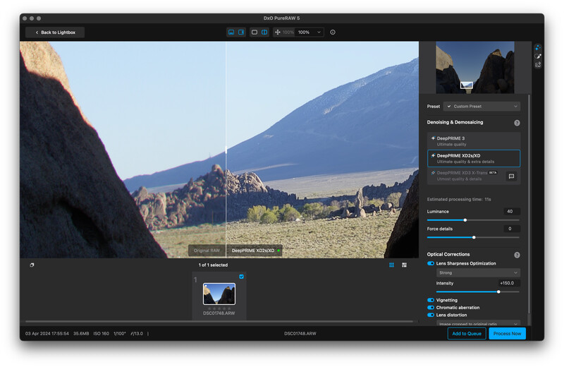 Screenshot of photo editing software showing a landscape image of mountains with editing panels and adjustment tools visible on the right side.
