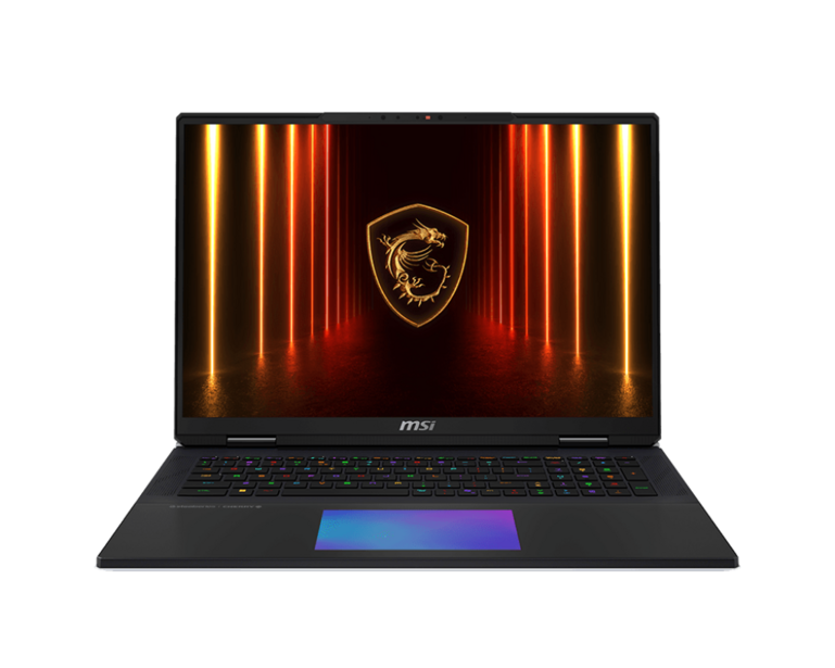 MSI gaming laptop displaying a dark interface with gold and red neon lighting effects and a shield logo on screen.