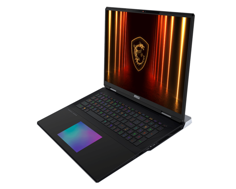Gaming laptop with open display showing red and gold vertical light streaks and logo on black background.