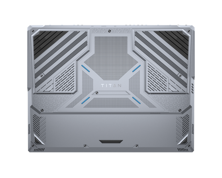 Bottom view of a gaming laptop showing thermal vents and cooling system design.