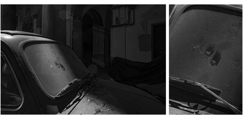 Diptych of a weathered car hood and windshield covered in dust and debris in black and white.
