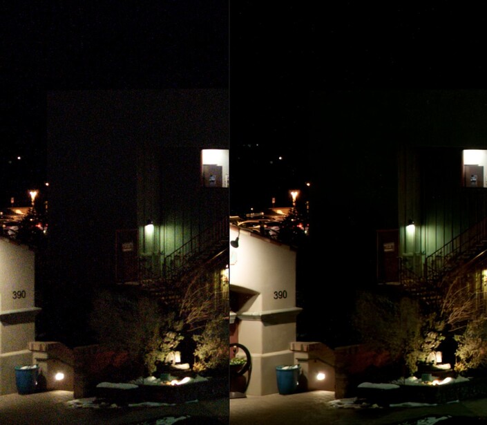 Side-by-side comparison of the same nighttime architectural scene with different lighting treatments.
