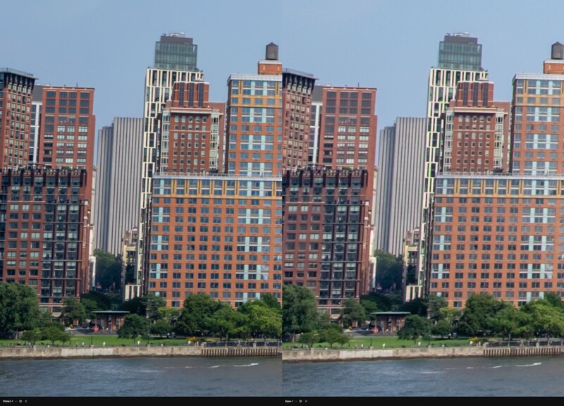 Side-by-side comparison of identical urban waterfront buildings with brick and glass facades.