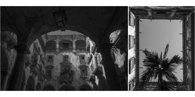 Two black and white photographs framed side by side showing architectural framing techniques and upward perspective composition.