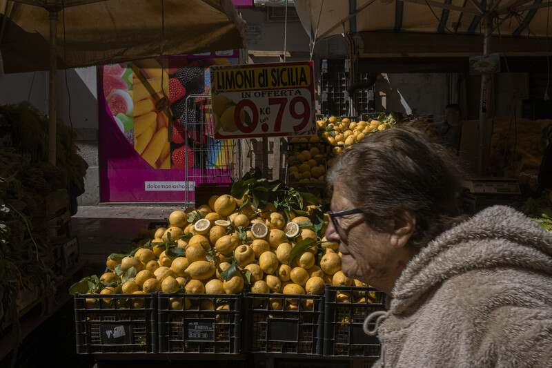 Woman wearing glasses and a gray sweater examining a large display of yellow lemons at a market stall.