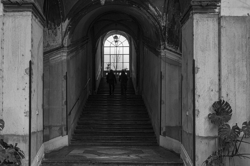 Long staircase ascending toward a distant arched window in a monochromatic architectural corridor.