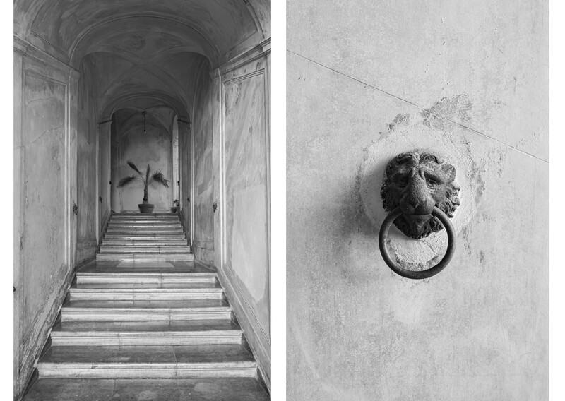 Diptych of architectural black and white photographs: a long vaulted corridor with centered stairs and a weathered lion door knocker.