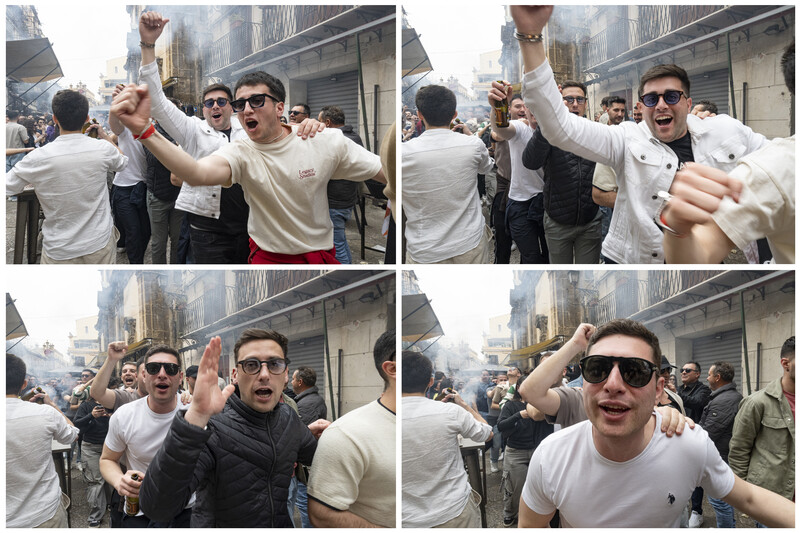 Four-panel sequence of men celebrating outdoors in an urban setting, raising arms and interacting with a crowd.