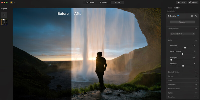 Before and after comparison of a waterfall landscape with silhouetted figure, showing editing adjustments.