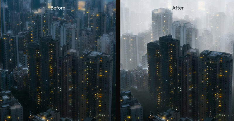 Side-by-side comparison of urban cityscape showing before and after post-processing effects on nighttime photography.