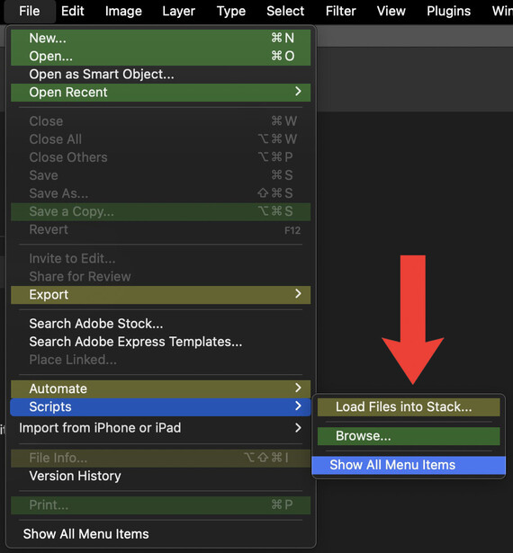 Screenshot of Adobe Photoshop File menu with red arrow pointing to 'Load Files Into Stack' option.