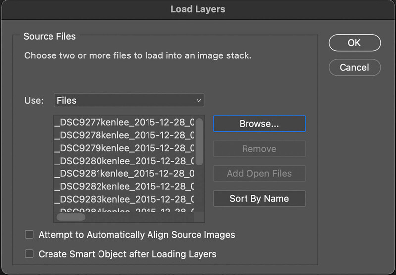 Screenshot of a Load Layers dialog box for image editing software showing a list of selected source files.