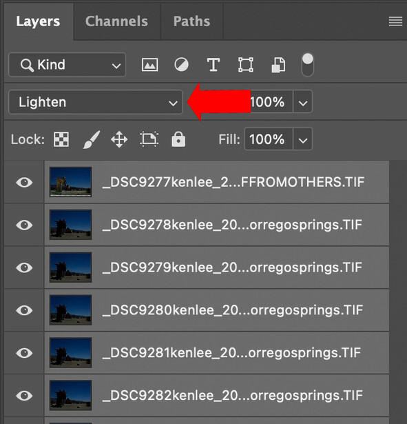 Screenshot of Photoshop Layers panel showing multiple image files organized in a layer stack with thumbnails.