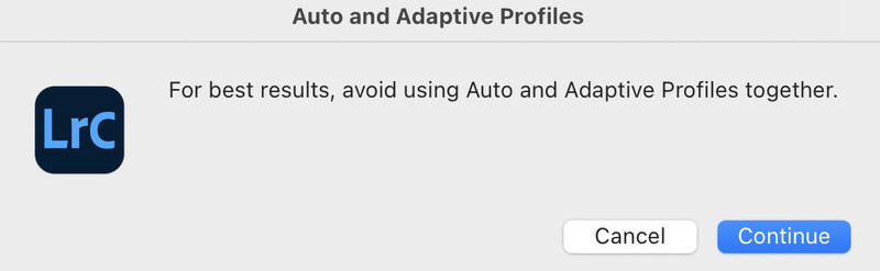 Screenshot of Adobe Lightroom Classic warning dialog about Auto and Adaptive Profiles compatibility.