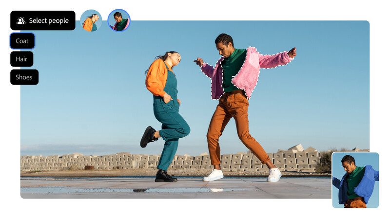 Two people jumping playfully outdoors wearing colorful clothing against a clear blue sky.