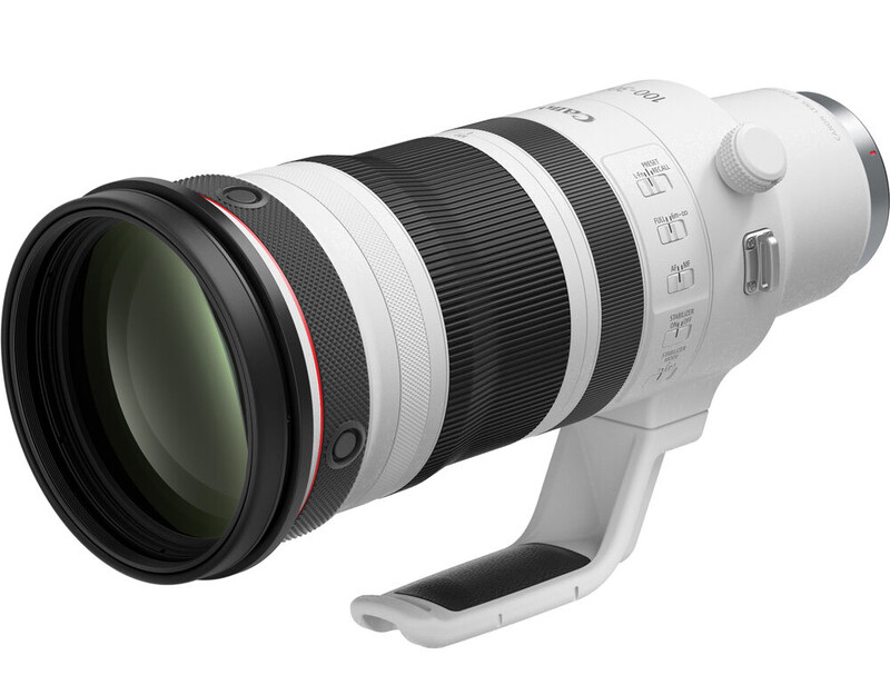 White and black telephoto zoom lens with focus ring and control buttons displayed against white background.