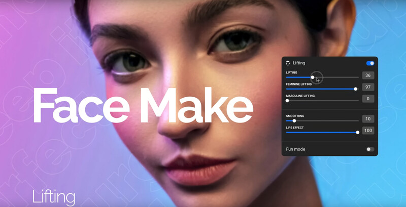 Screenshot of Face Make lifting adjustment interface with slider controls for eyebrow and lip effects.