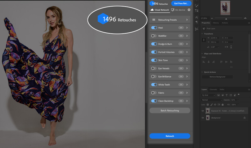 Screenshot of photo retouching software showing a woman in a colorful patterned dress with a panel displaying 1496 retouches and various editing adjustment options.
