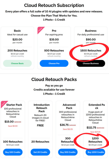 Screenshot of Cloud Retouch pricing plans showing subscription tiers and retouching packages.