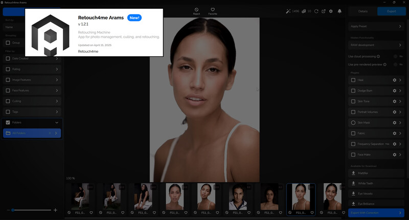 Screenshot of RetoouchAme Arama software interface showing portrait editing workspace with subject headshots.