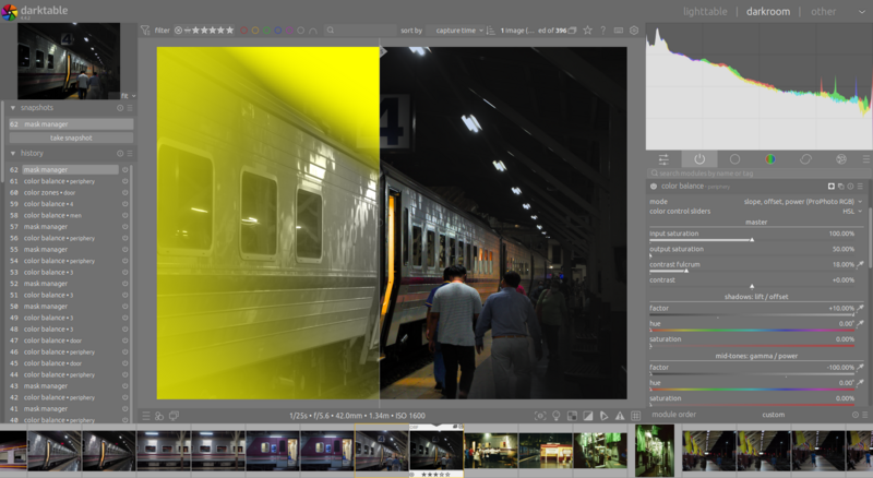 Screenshot of Darktable photo editing software showing a train platform scene with color grading applied.